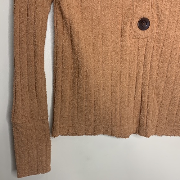 We The Free | Caramel Tan Long Sleeve Textured Waffle Henley Shirt Brown Buttons - Picture 3 of 6